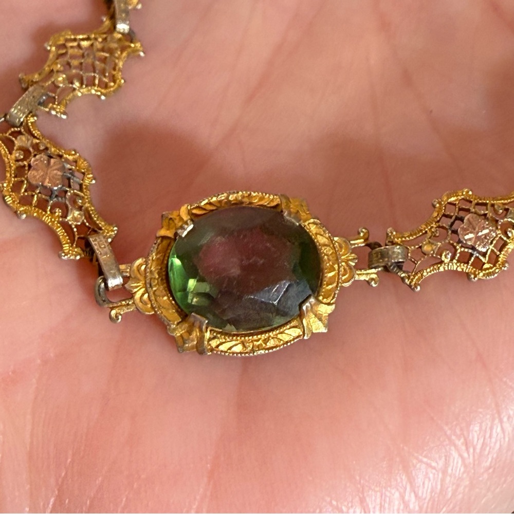 Antique Victorian Art deco Gold Filagree Green Pink iris Glass Bracelet - Picture 5 of 16